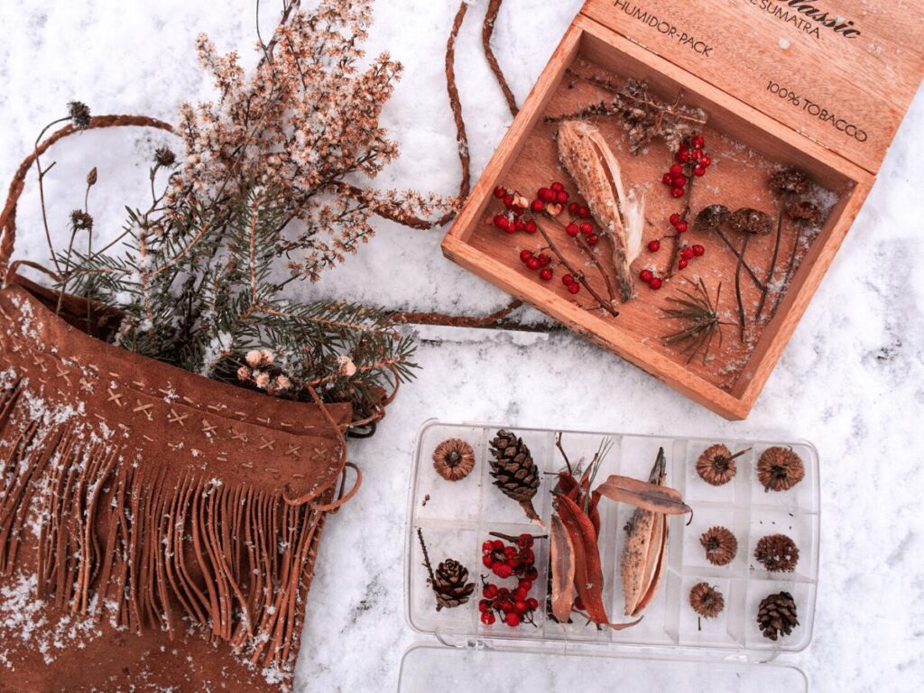 Nature scavenger hunt findings in winter include evergreen branches, berries, and pine cones. 