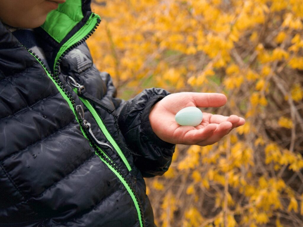 Boy holding a robin's egg in his hand that he found on a spring hike.