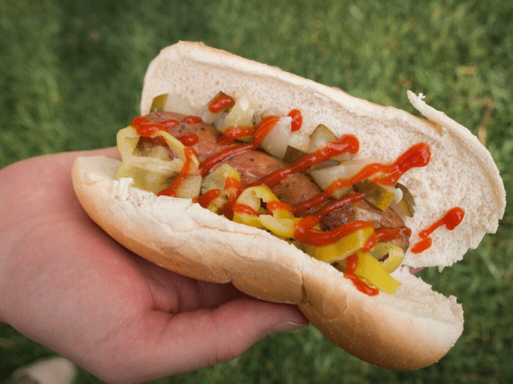 Close up of hot dog at campfire