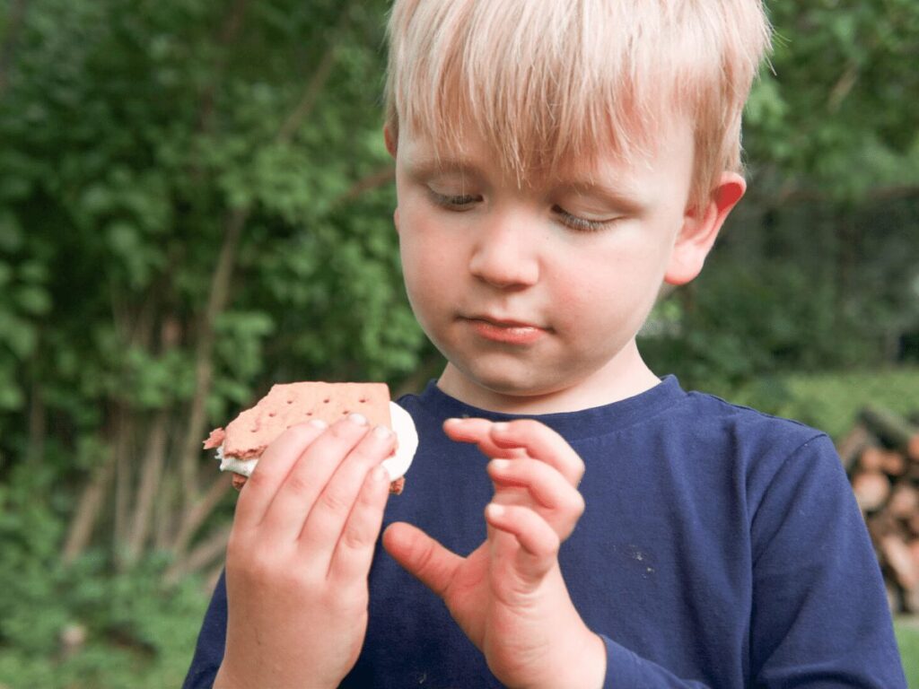 Close up of small boy holding up his s'more at a campfire