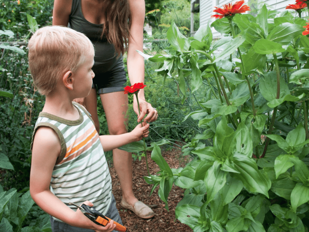 Mom hands small boy red flower from garden to use in nature weaving