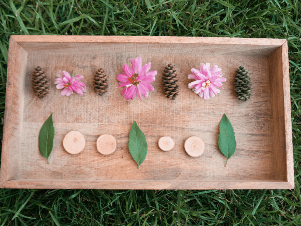 preschool activities, patterns created with flowers, pine cones, wood slabs, and leaves 
