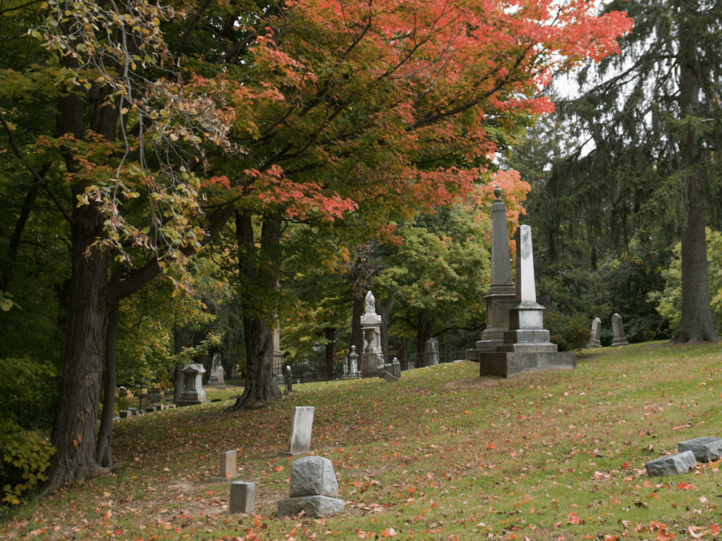 outdoor halloween activities, hilly old graveyard with colorful trees