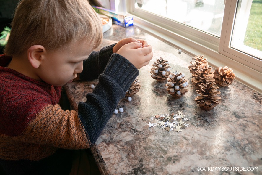 Small boy making pine cone Christmas decorations