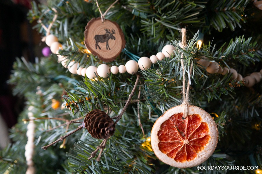 Close up of Christmas tree ornaments