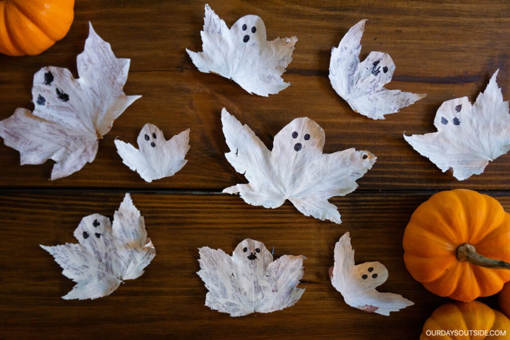 maple leaves painted like ghosts- halloween crafts for kids