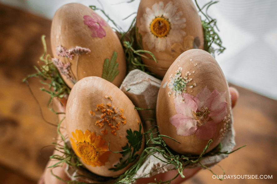Easter crafts- wooden eggs decorated with pressed flowers sitting in a moss filled egg carton.