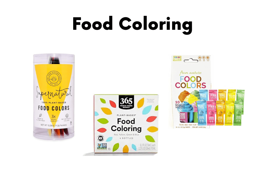 Product images of different natural food colorings to be used as dye-free alternatives for Valentine Cookies