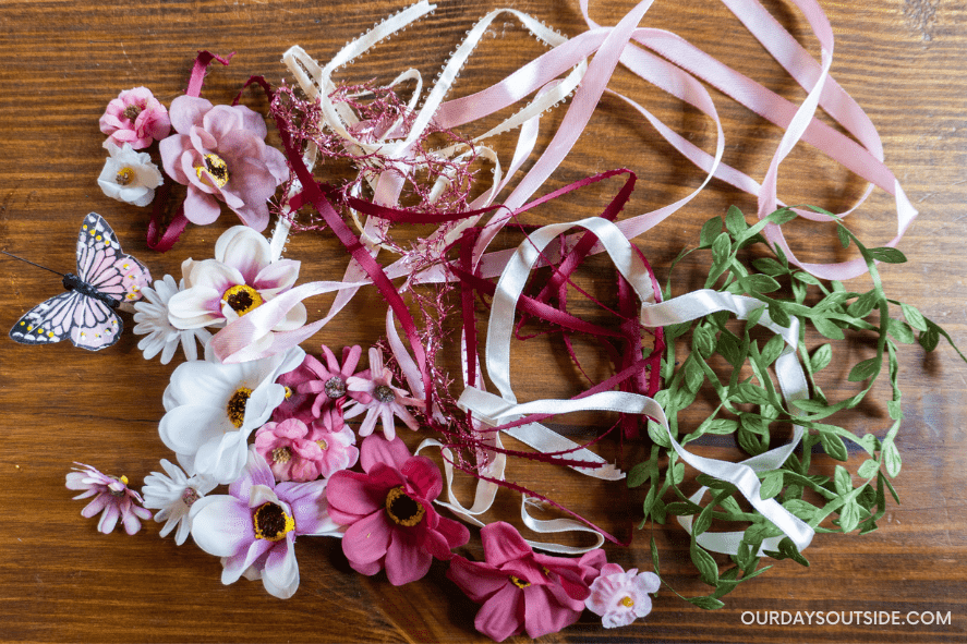 pile of ribbons to be used for making a diy flower crown 