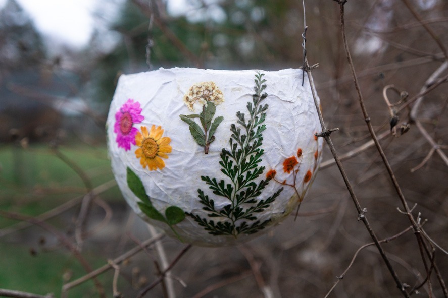 Paper Mache lantern with pressed flowers hanging in tree- flower crafts