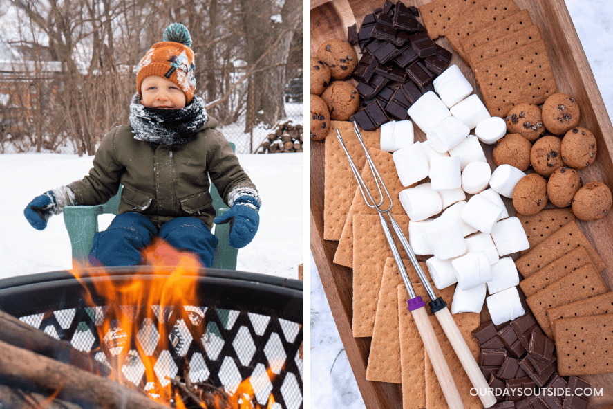 small boy sitting in front of fire in the winter with s'mores platter - winter activities for kids