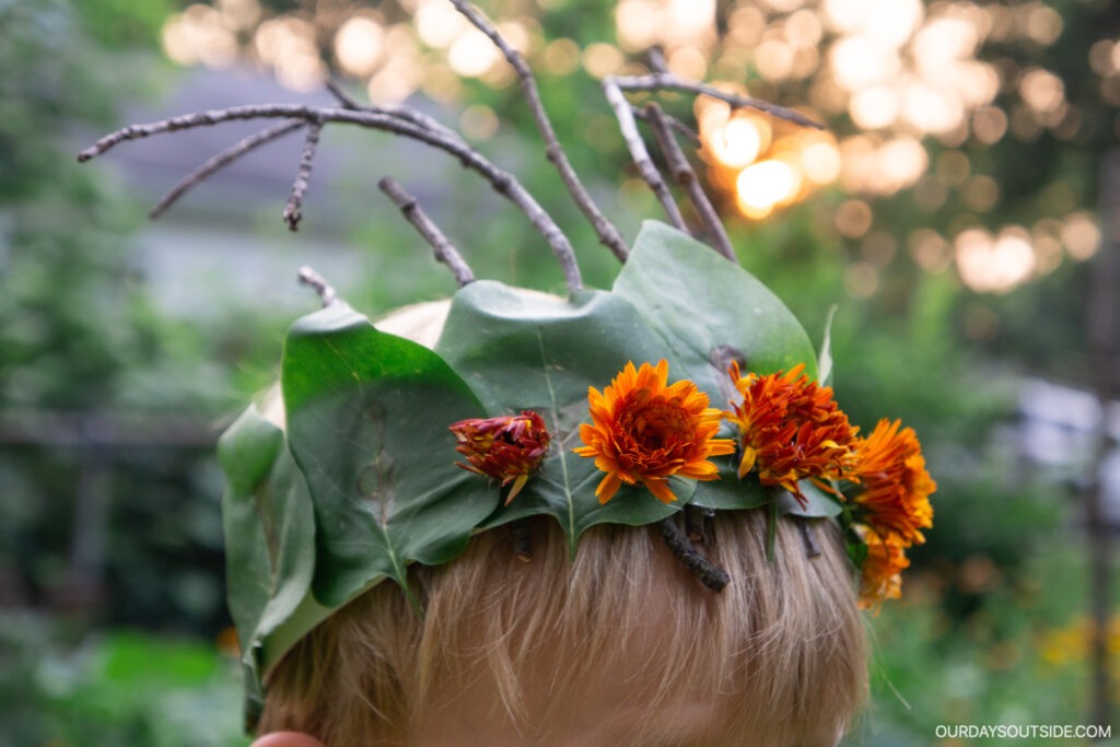 nature crown with leaves, flowers, and twigs
