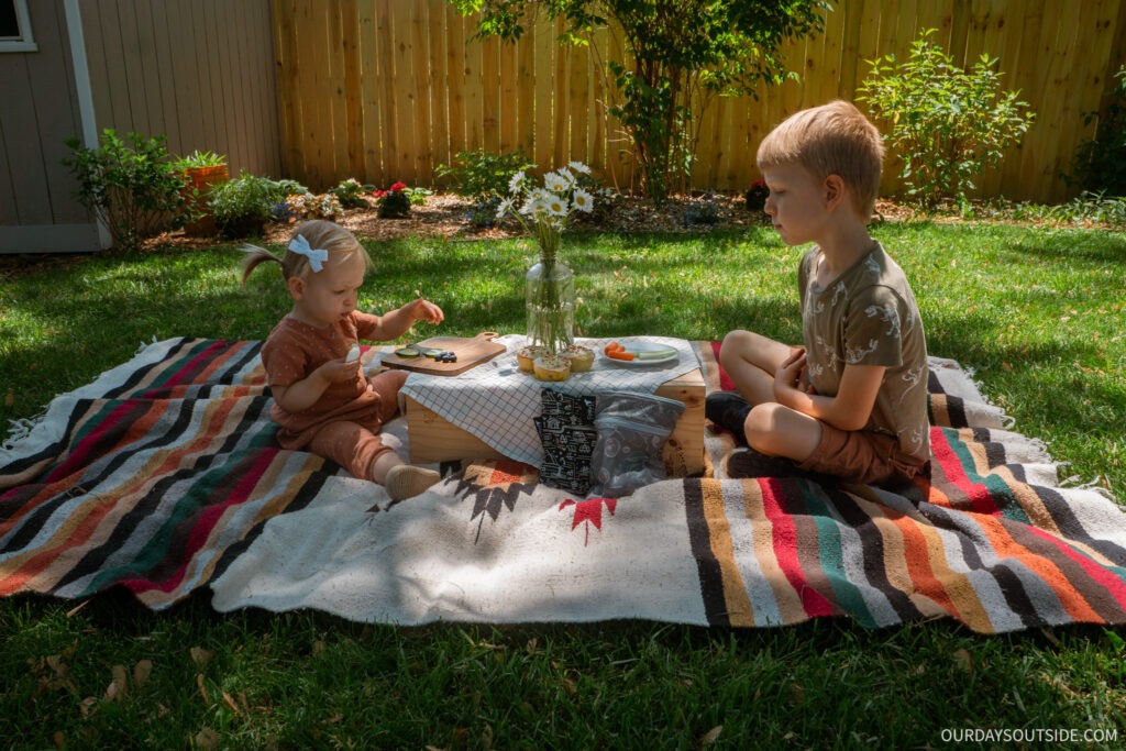 Small boy and girl sitting on a blanket in yard having a picinc - summer activities for kids