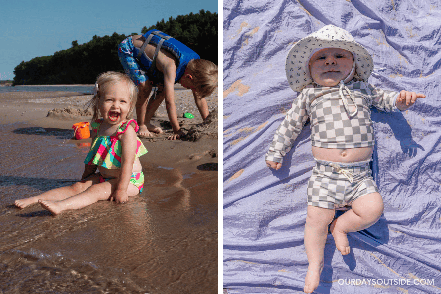 Beach packing list for babies and toddlers - image of toddler girl and baby boy at the beach