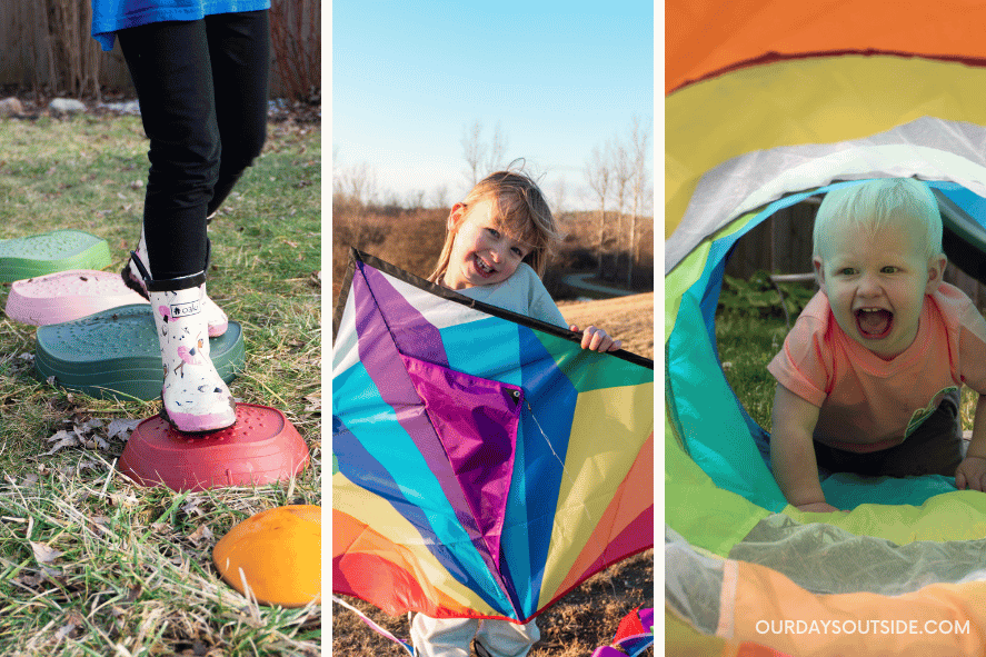 A compilation of pictures, including girl holding a kit and small boy crawling through a tunnel- easter basket gift ideas